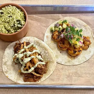 Poblano Rice, "Rock 'n Rolla" Taco, "Big - Shrimpin Al Pastor" Taco
