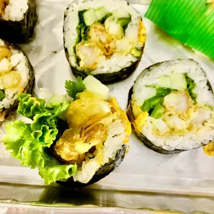 The Rock and Roll Maki
 Shrimp and calamari tempura, lettuce, cilantro, cucumber and spicy mayo.