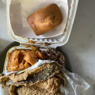 Whiteys with yams, black eye peas &amp; corn bread