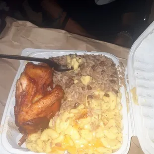 BBQ chicken, Mac and cheese and Peas and rice