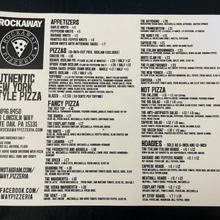Rockaway Menu
