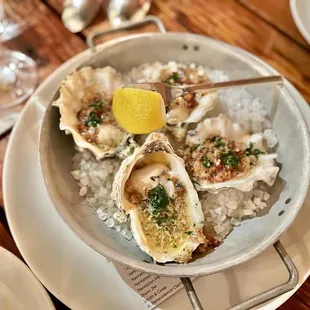 Oysters &apos;Brock-a-fella&apos;, bacon, shallot, thyme, tamarind butter