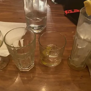 a variety of alcoholic drinks on a wooden table