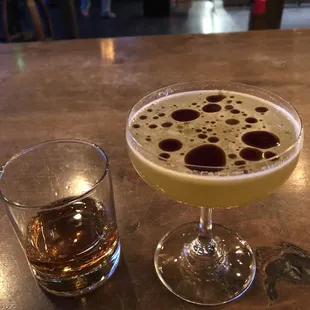 Be Good or Be Gone cocktail on the right. Bourbon on the left.