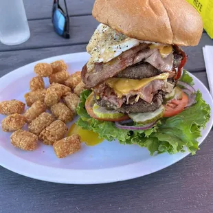 Gutter ball burger and tots