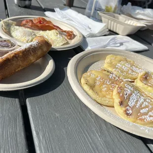 Lemon Ricotta Pancakes Combo ($14) + Bacon Maple Butter French Toast Roll-up ($2.50)