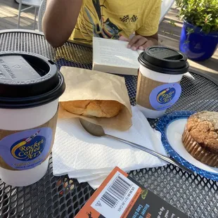 Drip, Plain Croissant, Cappuccino 8oz and Cinnamon Muffin.