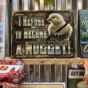 a chicken and a sign