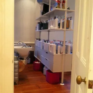 Rocket Science: Tons of cool products above the wash stations.