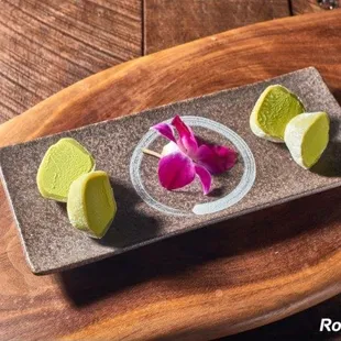 Colorful desserts on rockets: Mochi ice cream (Green Tea, Mango, Strawberry). Free Cheesecake for loyalty program members on b-day.