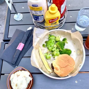 Everything I need: Slaw Burger, broccoli and truffle mash sides--and the fixin's!