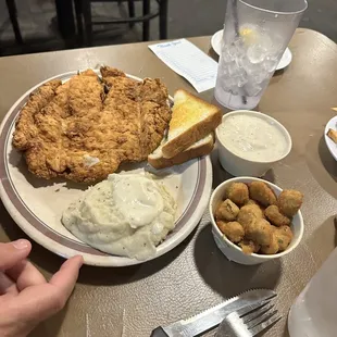 Chicken fried chicken, not on menu, but you can ask for it. Came with two sides: pictured- fried okra and mashed potatoes