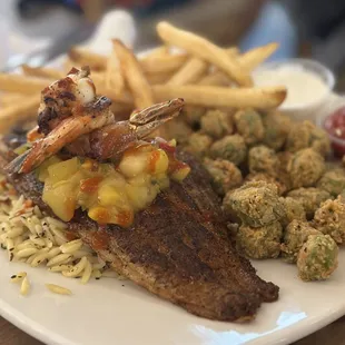 Catfish tropical style with fried okra and French fries