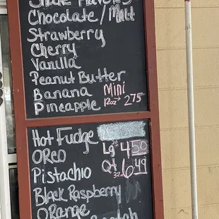Shake/malt/ice cream menu