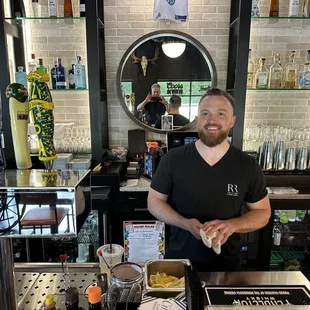 Mitch at the upscale Rockford Roadhouse bar. With 10+  years of bartending he&apos;ll be able to make your favorite drink!