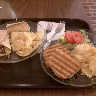 Southwest veggie wrap and a turkey &amp; Swiss panini with sea-salt kettle chips from Rockhouse Coffee Company in Hohenwald, TN.