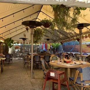 Back shaded tables with heat lamps