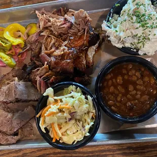 Pulled Pork &amp; Brisket Platter, Coleslaw, Beans, Potato Salad