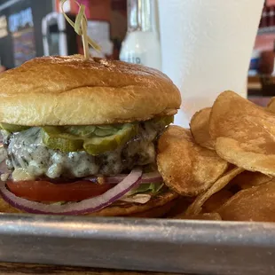 Burger and kettle chips $18.00 rip off; did not even taste good and not cooked to order
