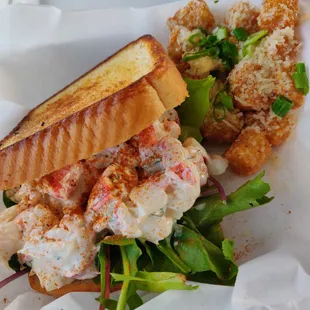 Lobster roll with garlic parmesan tots.  I don&apos;t want to know how many calories I just consumed!