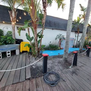 Outdoor patio and pond with fountain