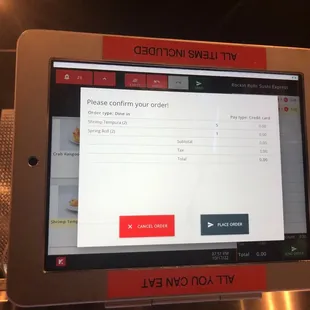 Ipad ordering system for all you can eat dishes  (Ex. Shrimp Tempura, Corn dogs, Hibachi beef - highly recommend)