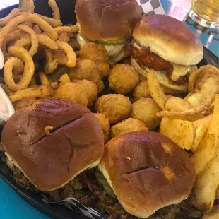 Sliders, fried mushrooms, fries and texas show strings (onions)