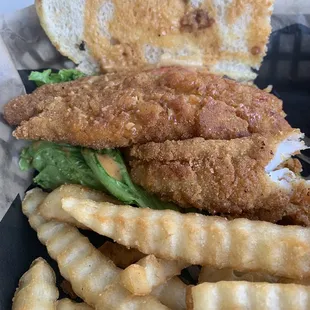 Half of the po boy and fries basket. I dug in before I remembered to take a photo