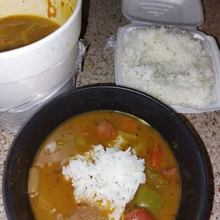 Shrimp and Sausage Gumbo. Very flavorful.  The  person behind the register warned me of the spice level. I was all in!
