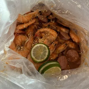 Shrimp, sausage, potatoes