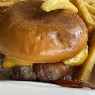 Bacon cheeseburger and fries