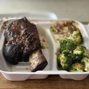 Beef ribs one bone, Broccoli & Bacon Salad & Baked Beans.
