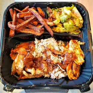 Three Meat Platter with sweet potato fries and brussel sprouts