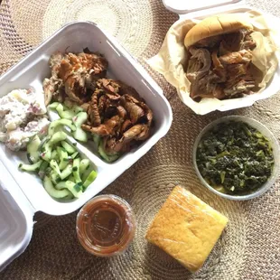 Two meat platter, pulled pork sandwich with collard greens