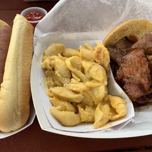 Hotdog, Mac n cheese, brisket sandwich