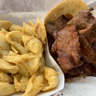 Brisket sandwich and macaroni and cheese