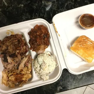3-meat platter with potato salad, beans and corn bread - $17 - enough for two!