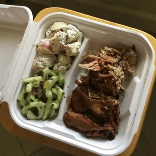 2 meat platter with pork and beef, potato and cucumber salad (and corn bread - not shown) - $15