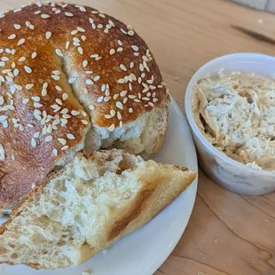 Sesame bagel with French onion smear