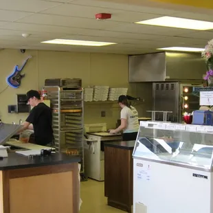 The clean, well organized open food prep area
