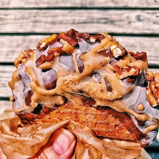 FUDGE CHIP taco, MILK chocolate dip, PEANUT BUTTER drizzle.