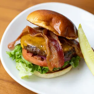 Classic Burger, smoked bacon, cheddar, lettuce, tomato, fries