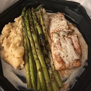 Salmon with asparagus over mashed potatoes