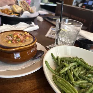 White chicken chili and green beans