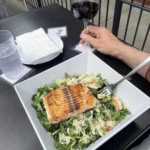 Kale Salad with grilled salmon and a Tribute Cabernet.