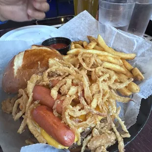 Special of the day - burger covered by crunchy onion strings and topped with mini cocktail weinies