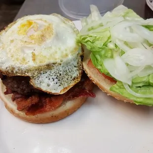 Hamburger with bacon and egg
