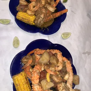 King crab, shrimp, potatoes, sausage, &amp; corn (I took it out of the bag and put it on plates)