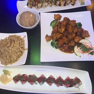 Top: San Antonio Roll Side of fried rice General Tao&apos;s Chicken Side of Hibachi Noodle Paradise Roll