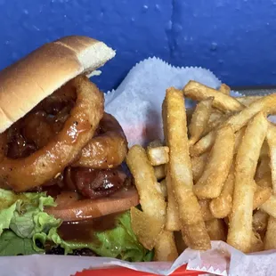 a hamburger and french fries